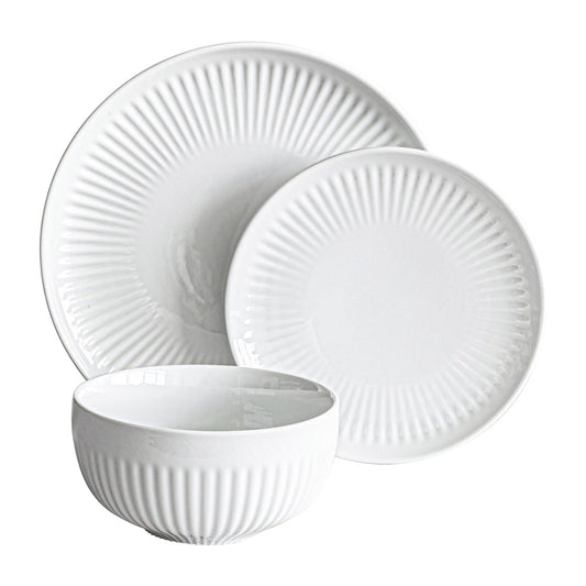 Service de table en porcelaine blanche Over and Back, 24 pièces, à bords cannelés
