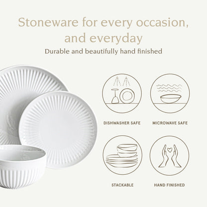 Service de table en porcelaine blanche Over and Back, 24 pièces, à bords cannelés