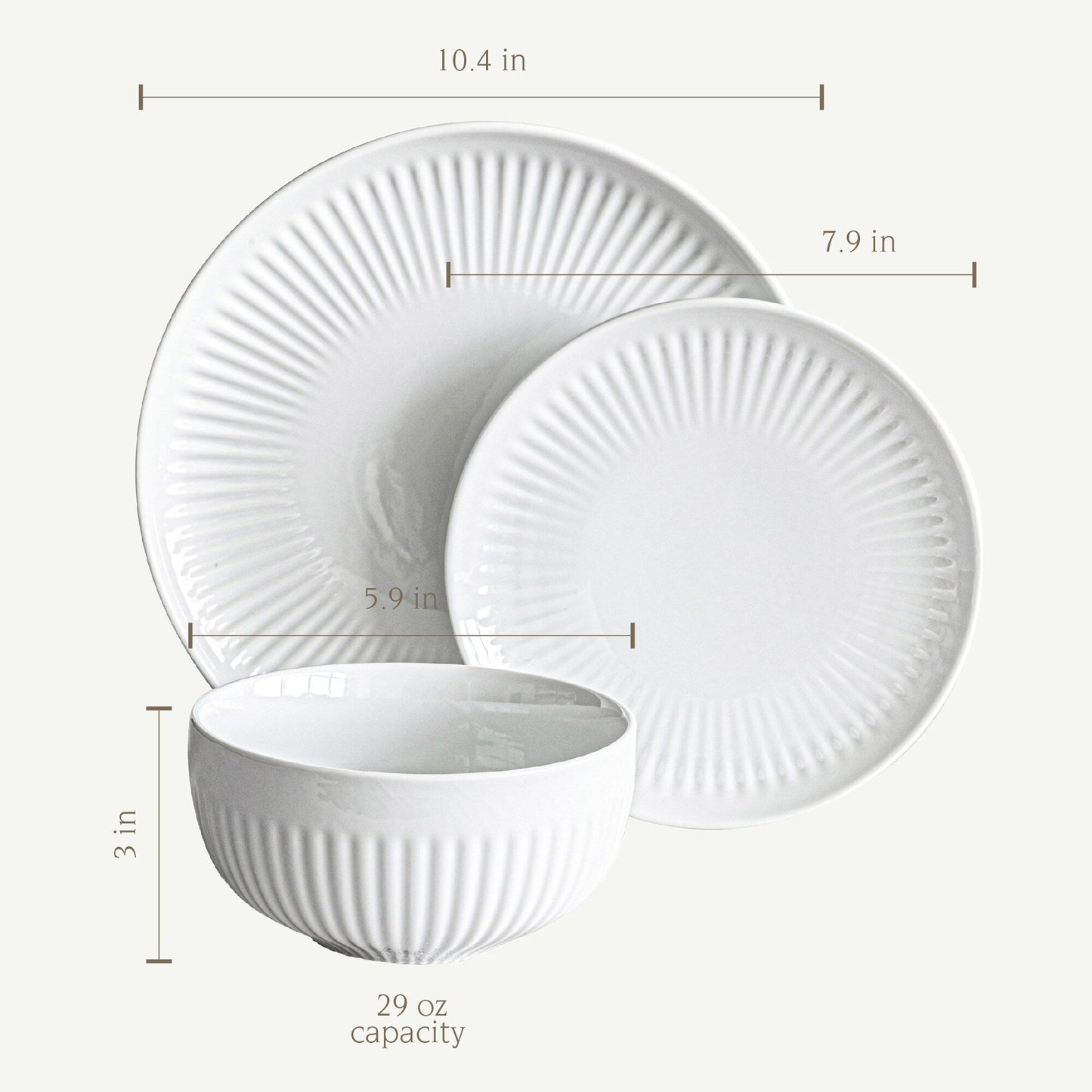 Service de table en porcelaine blanche Over and Back, 24 pièces, à bords cannelés