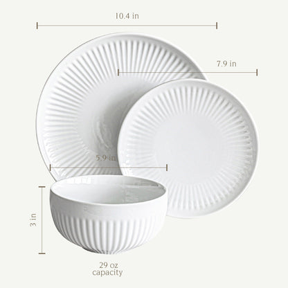 Service de table en porcelaine blanche Over and Back, 24 pièces, à bords cannelés