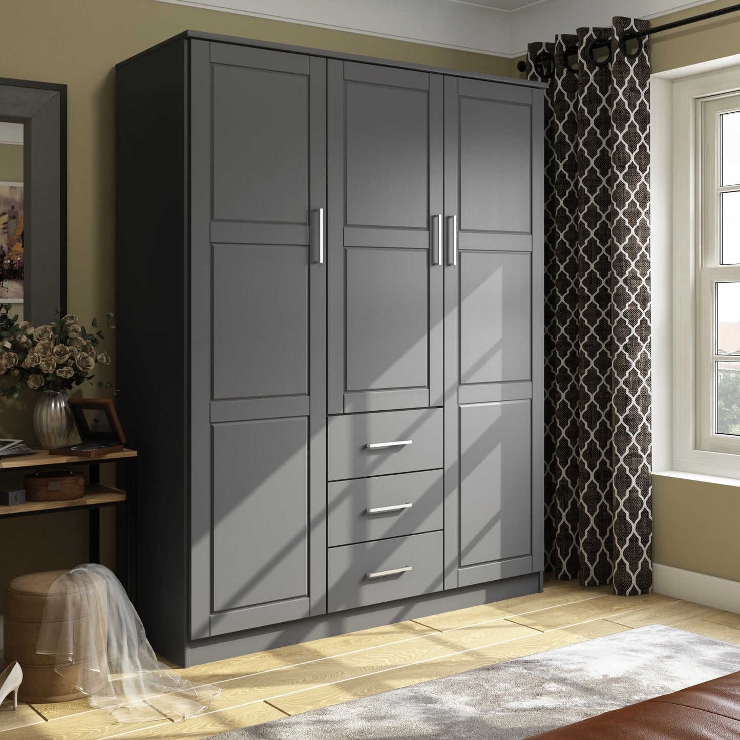 Palace Imports Armoire à 3 portes Cosmo en bois massif 100 % avec portes en bois massif ou en miroir