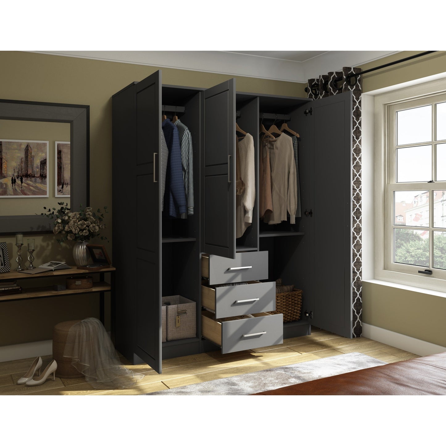 Palace Imports Armoire à 3 portes Cosmo en bois massif 100 % avec portes en bois massif ou en miroir