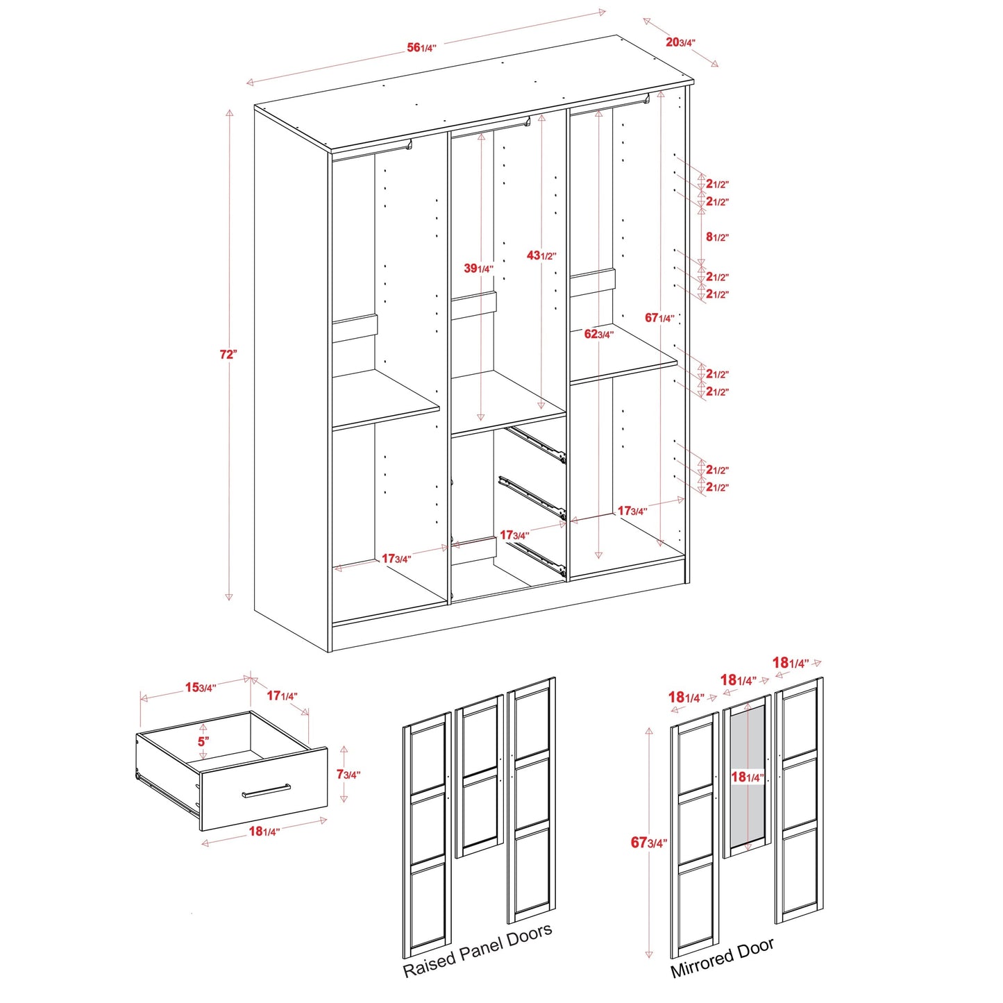 Palace Imports Armoire à 3 portes Cosmo en bois massif 100 % avec portes en bois massif ou en miroir