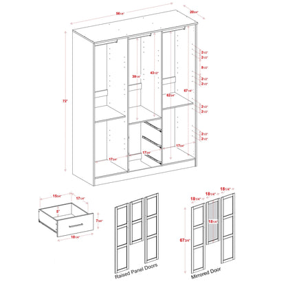 Palace Imports Armoire à 3 portes Cosmo en bois massif 100 % avec portes en bois massif ou en miroir
