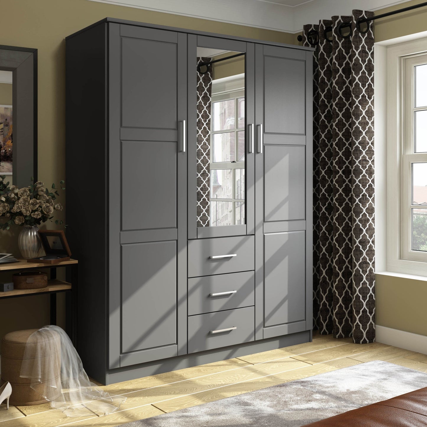 Palace Imports Armoire à 3 portes Cosmo en bois massif 100 % avec portes en bois massif ou en miroir