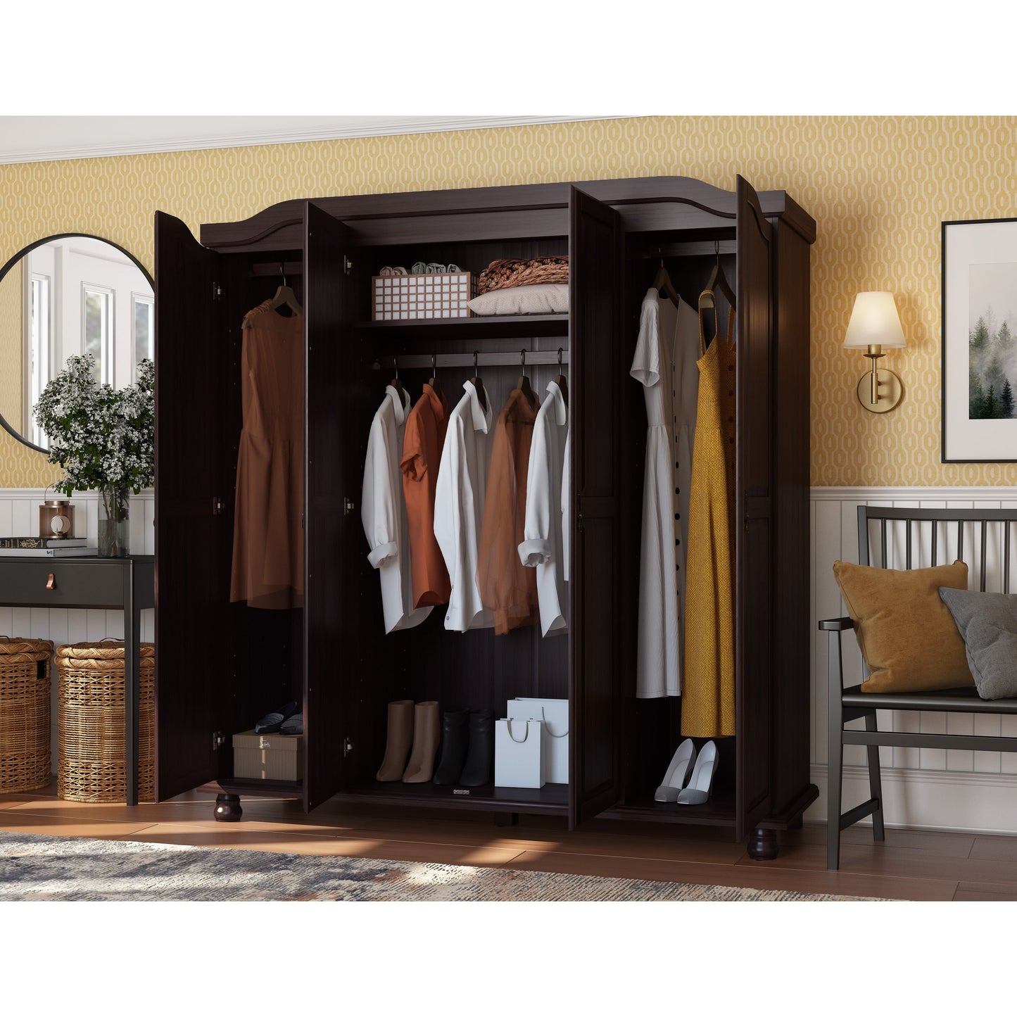 Palace Imports Armoire Kyle à 4 portes en bois massif avec portes en bois massif ou en miroir