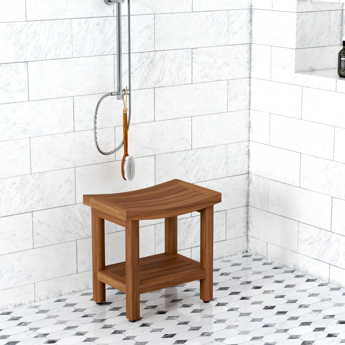 Banc de douche en teck Sumba avec étagère, breveté
