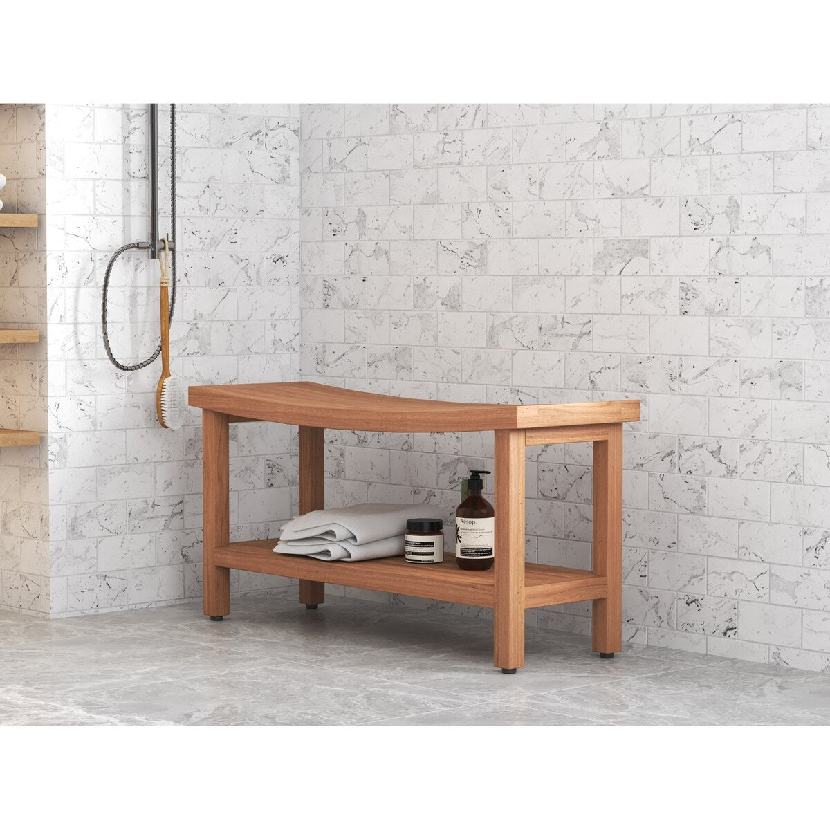 Banc de douche en teck Sumba avec étagère, breveté