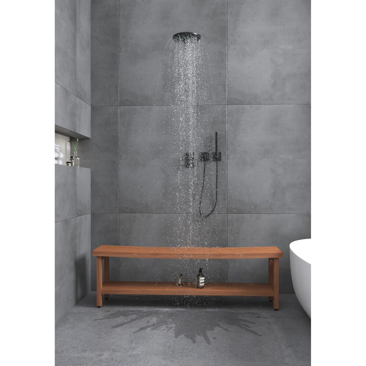 Banc de douche en teck Sumba avec étagère, breveté