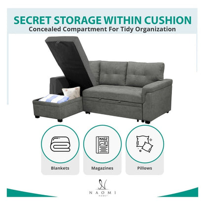 Canapé d'angle réversible avec lit escamotable, chaise longue avec rangement intégré, pieds robustes,