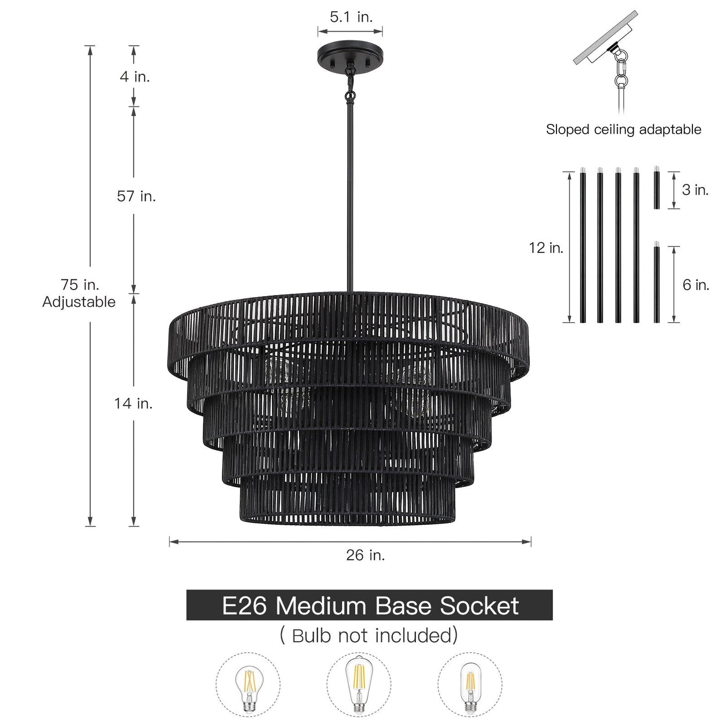 Piersan Lustre moderne bohème à 5 lumières avec abat-jour en rotin à plusieurs niveaux - 66 cm de largeur