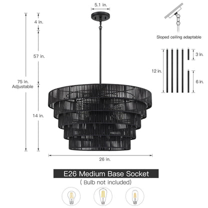 Piersan Lustre moderne bohème à 5 lumières avec abat-jour en rotin à plusieurs niveaux - 66 cm de largeur