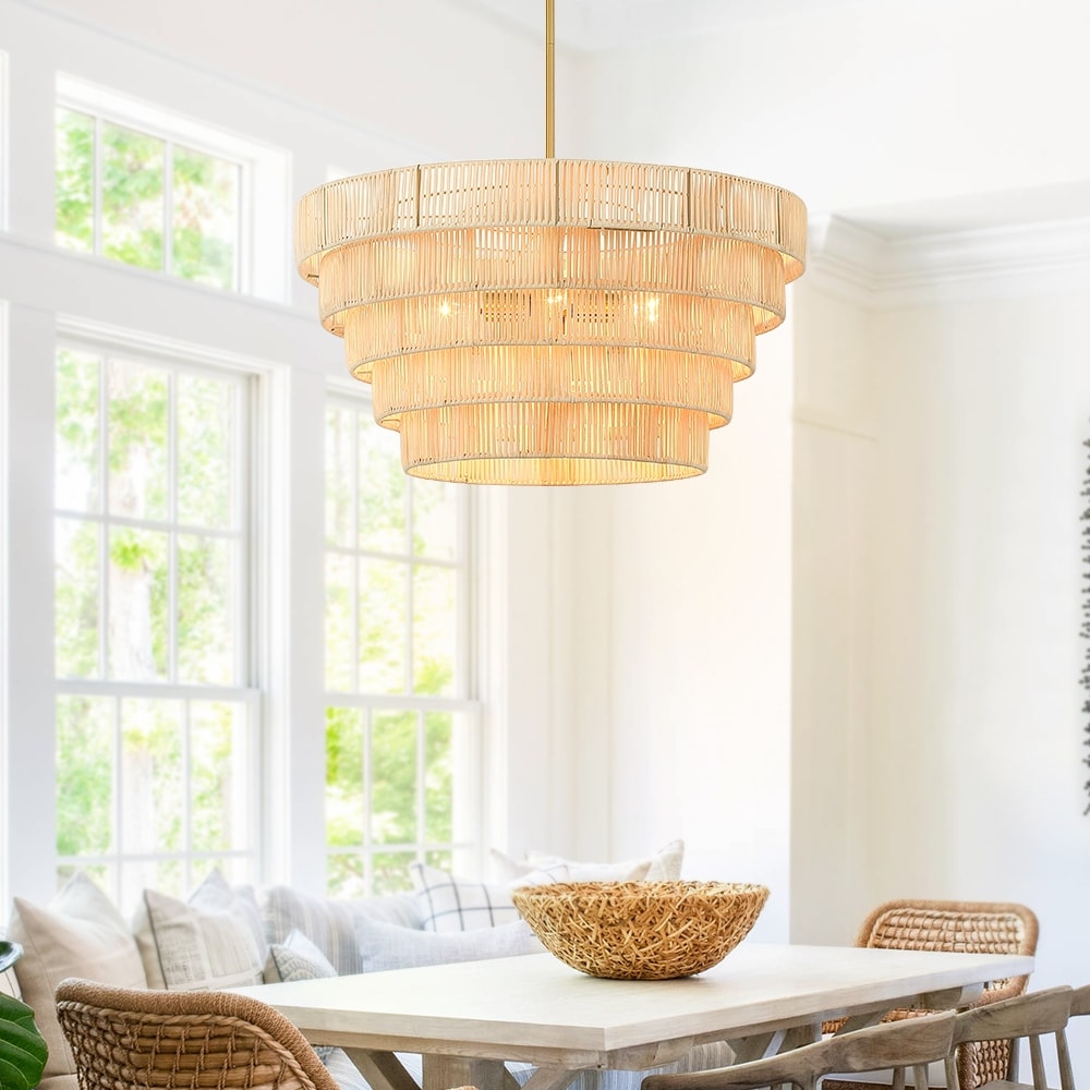 Piersan Lustre moderne bohème à 5 lumières avec abat-jour en rotin à plusieurs niveaux - 66 cm de largeur