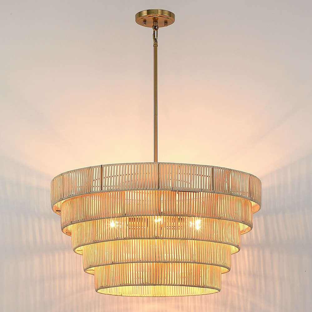Piersan Lustre moderne bohème à 5 lumières avec abat-jour en rotin à plusieurs niveaux - 66 cm de largeur