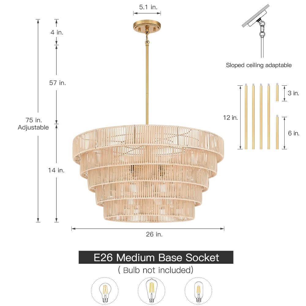Piersan Lustre moderne bohème à 5 lumières avec abat-jour en rotin à plusieurs niveaux - 66 cm de largeur