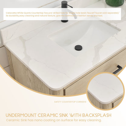 Meuble-lavabo Porto avec plan de toilette en pierre de quartz blanche, sans miroir.