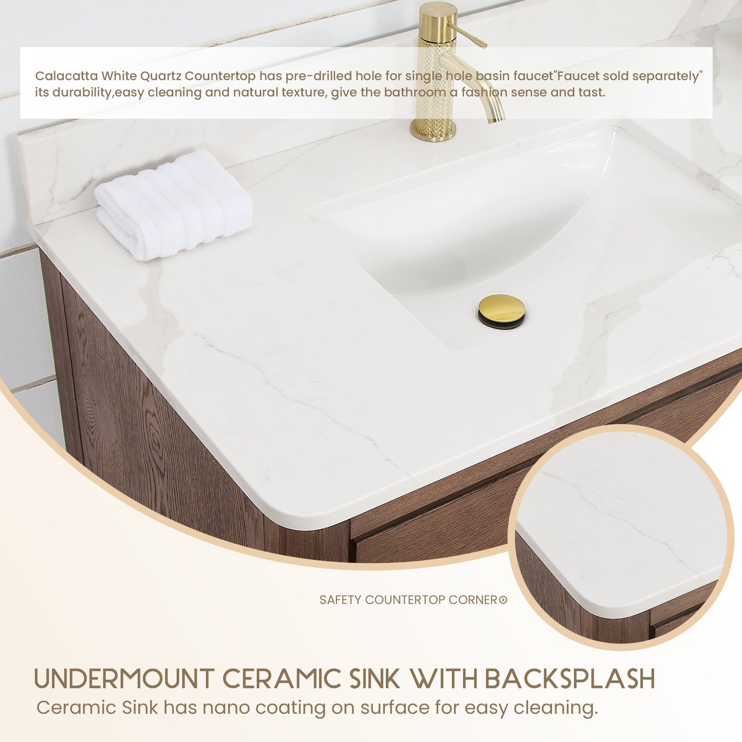 Meuble-lavabo Porto avec plan de toilette en pierre de quartz blanche, sans miroir.