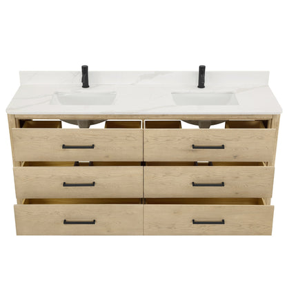 Meuble-lavabo Porto avec plan de toilette en pierre de quartz blanche, sans miroir.