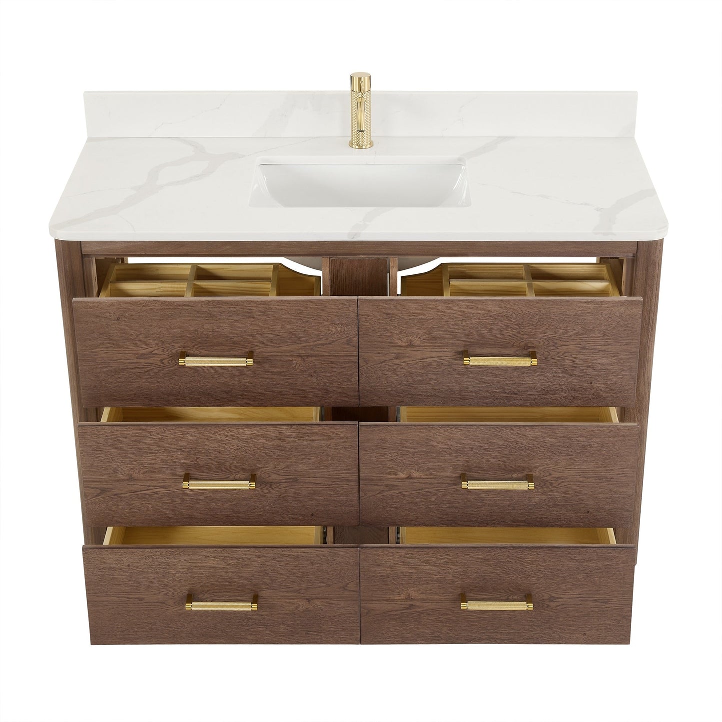 Meuble-lavabo Porto avec plan de toilette en pierre de quartz blanche, sans miroir.