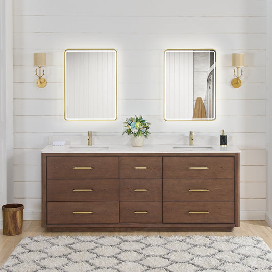 Meuble-lavabo Porto avec plan de toilette en pierre de quartz blanche, sans miroir.