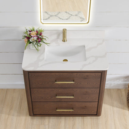Meuble-lavabo Porto avec plan de toilette en pierre de quartz blanche, sans miroir.