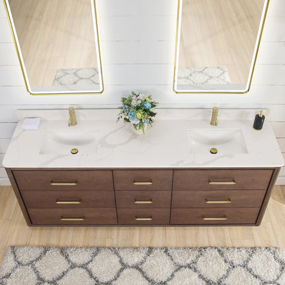 Meuble-lavabo Porto avec plan de toilette en pierre de quartz blanche, sans miroir.