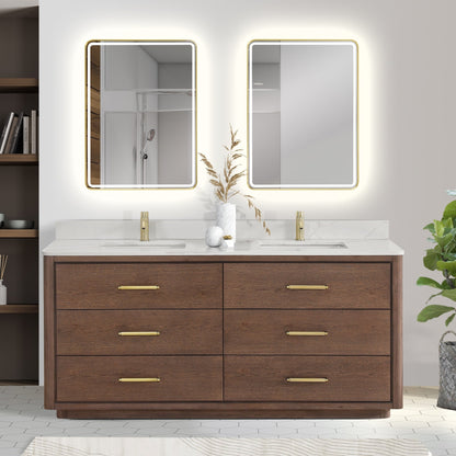 Meuble-lavabo Porto avec plan de toilette en pierre de quartz blanche, sans miroir.