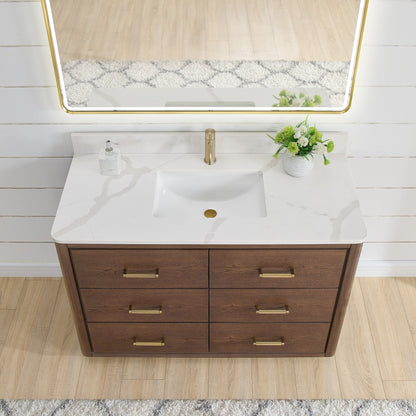 Meuble-lavabo Porto avec plan de toilette en pierre de quartz blanche, sans miroir.