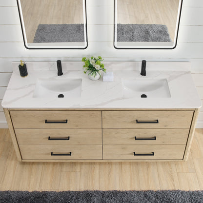 Meuble-lavabo Porto avec plan de toilette en pierre de quartz blanche, sans miroir.