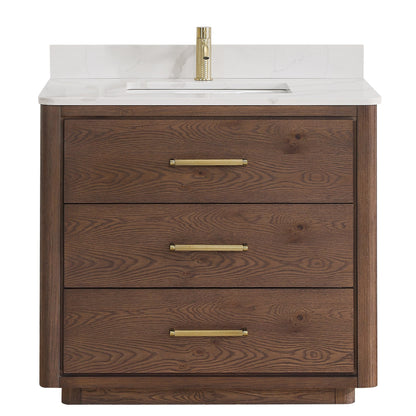 Meuble-lavabo Porto avec plan de toilette en pierre de quartz blanche, sans miroir.