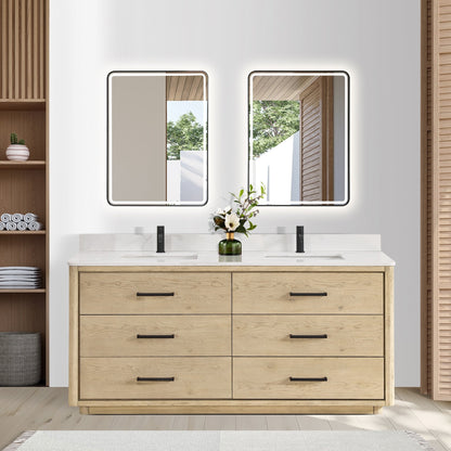 Meuble-lavabo Porto avec plan de toilette en pierre de quartz blanche, sans miroir.