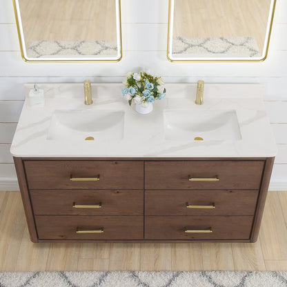 Meuble-lavabo Porto avec plan de toilette en pierre de quartz blanche, sans miroir.