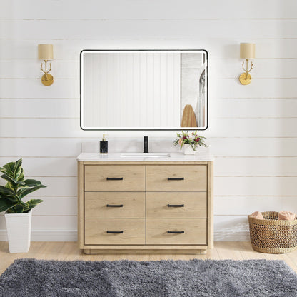 Meuble-lavabo Porto avec plan de toilette en pierre de quartz blanche, sans miroir.
