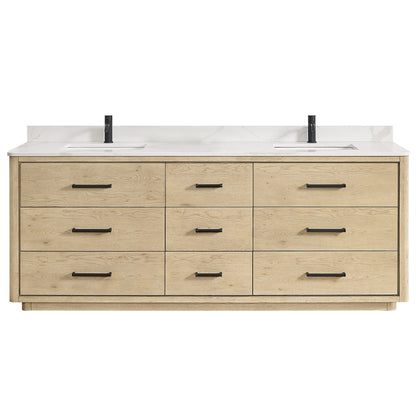 Meuble-lavabo Porto avec plan de toilette en pierre de quartz blanche, sans miroir.