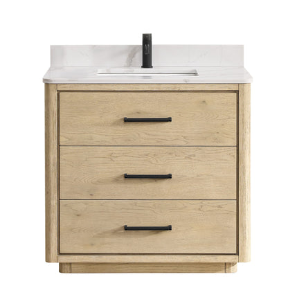 Meuble-lavabo Porto avec plan de toilette en pierre de quartz blanche, sans miroir.
