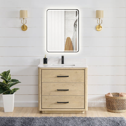 Meuble-lavabo Porto avec plan de toilette en pierre de quartz blanche, sans miroir.
