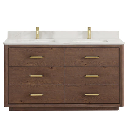 Meuble-lavabo Porto avec plan de toilette en pierre de quartz blanche, sans miroir.