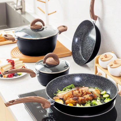 Ensemble de casseroles et poêles antiadhésives, ensemble de cuisine en céramique avec motifs, ensemble de cuisine à induction avec poêles, cocotte avec couvercles
