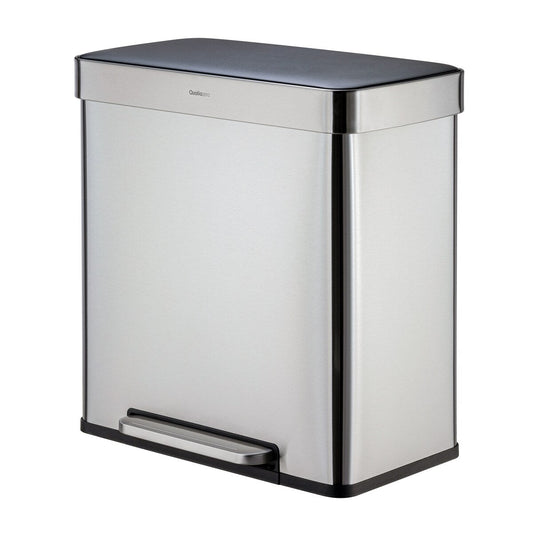 Qualiazero Poubelle de recyclage rectangulaire à ouverture par le pied, 16 gallons (8 gallons pour la partie double) - Acier inoxydable
