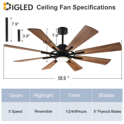 Ventilateur de plafond à télécommande avec éclairage, grandes pales en bois (8 pales)