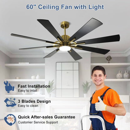 Ventilateur de plafond à télécommande avec éclairage, grandes pales en bois (8 pales)