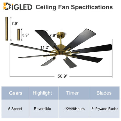Ventilateur de plafond à télécommande avec éclairage, grandes pales en bois (8 pales)