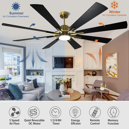 Ventilateur de plafond à télécommande avec éclairage, grandes pales en bois (8 pales)