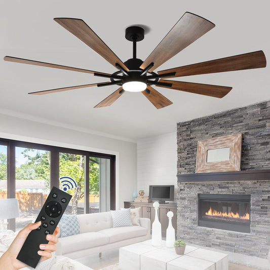 Ventilateur de plafond à télécommande avec éclairage, grandes pales en bois (8 pales)