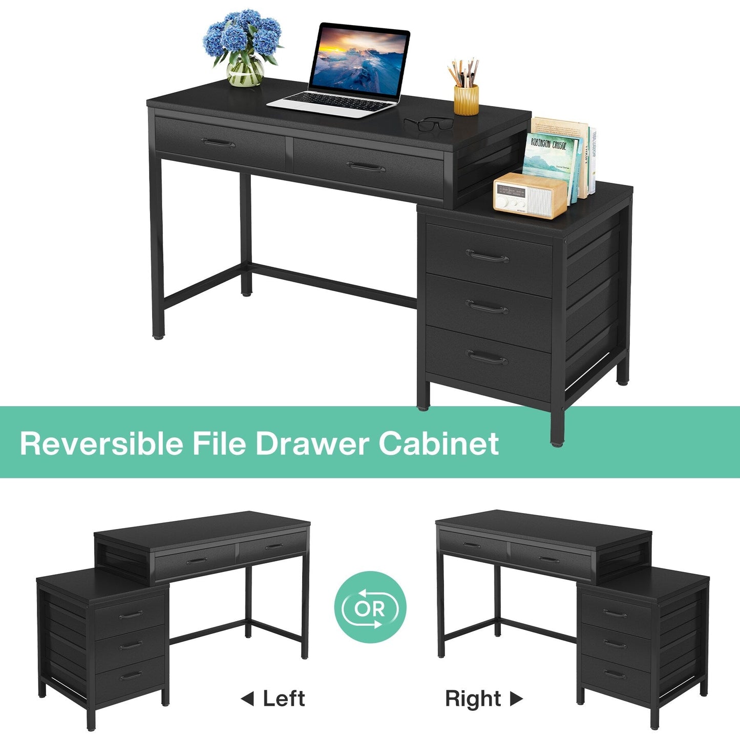 Bureau d'ordinateur réversible avec 5 tiroirs, bureau de travail à domicile avec rangement pour imprimante et tiroir pour classeur.