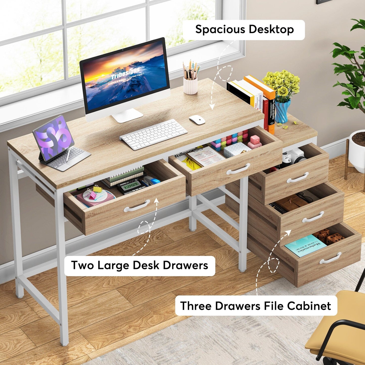 Bureau d'ordinateur réversible avec 5 tiroirs, bureau de travail à domicile avec rangement pour imprimante et tiroir pour classeur.