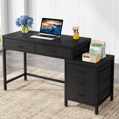 Bureau d'ordinateur réversible avec 5 tiroirs, bureau de travail à domicile avec rangement pour imprimante et tiroir pour classeur.