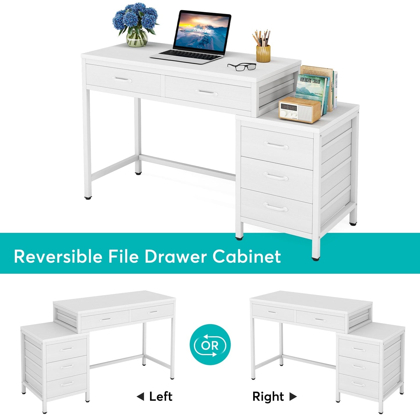 Bureau d'ordinateur réversible avec 5 tiroirs, bureau de travail à domicile avec rangement pour imprimante et tiroir pour classeur.