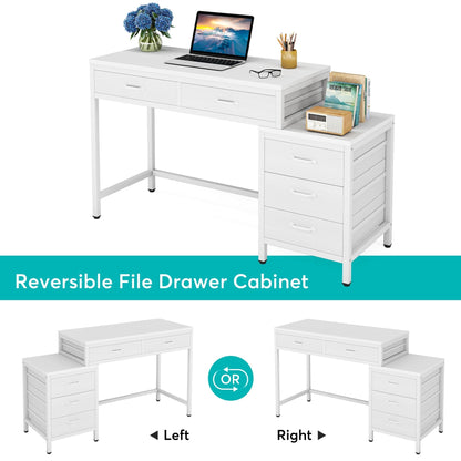 Bureau d'ordinateur réversible avec 5 tiroirs, bureau de travail à domicile avec rangement pour imprimante et tiroir pour classeur.
