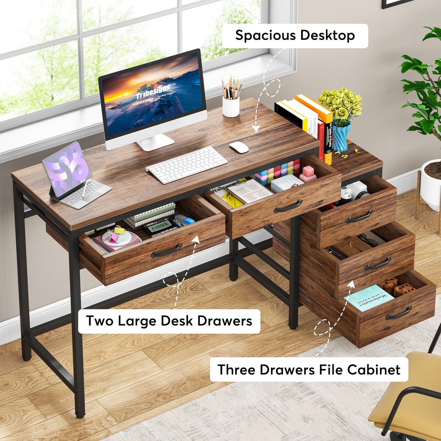 Bureau d'ordinateur réversible avec 5 tiroirs, bureau de travail à domicile avec rangement pour imprimante et tiroir pour classeur.
